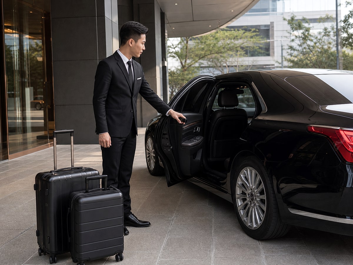 Professional chauffeur opening a luxury vehicle for an arriving international client
