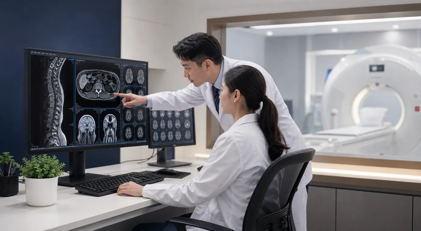 Clinical team reviewing imaging results in a diagnostic control room